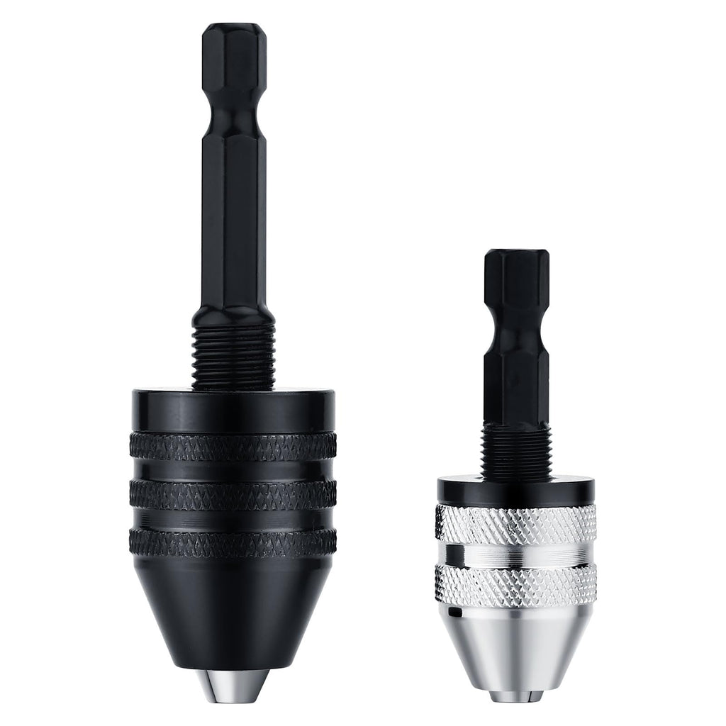 Valkynos 2Pcs Drill Chuck Adapter Keyless, 1/4 Inch Hex Shank Drill Bit Adapter Converter for Impact Driver, Quick Change Impact Drill Chuck Adapter in 0.6-8mm, 0.3-3.6mm for Tool Attachment