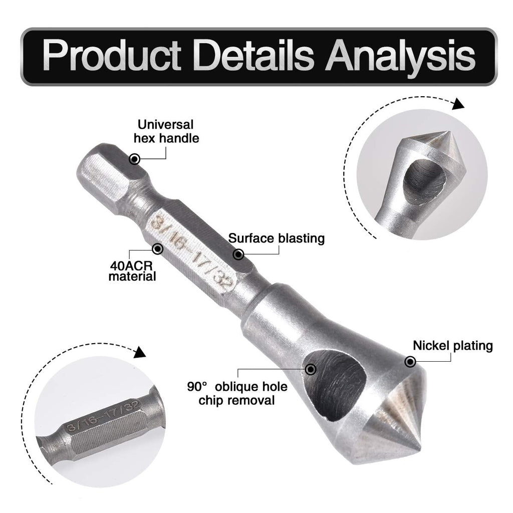 Countersink Deburring Tool Set Drill Bits 1/4 Hex Shank Chamfer Wood Countersink Deburring Drill Bit Tool 5/64 1/8 3/16 (Set of 3)