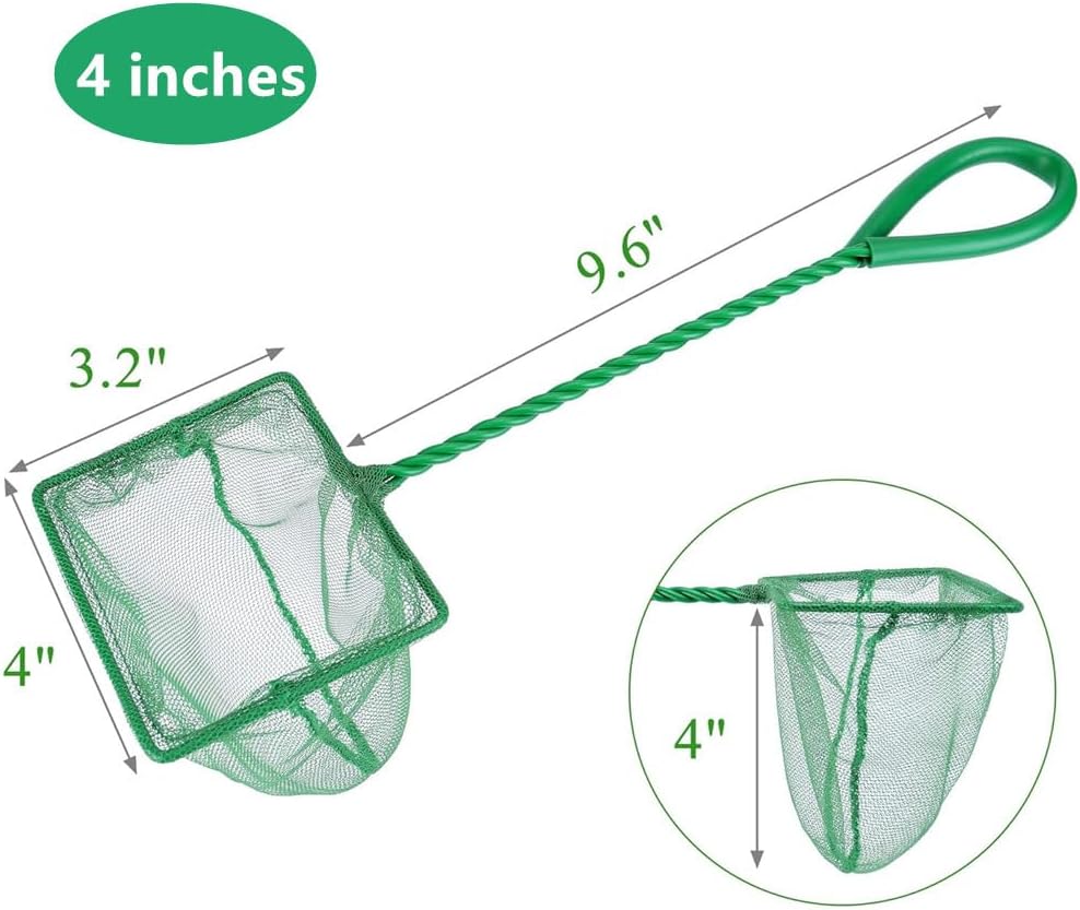 4in 5in 6in Aquarium Fish Net Green Fine Mesh Nylon Net Collection with 11" Long Handle Square Quick Catch Fish Net