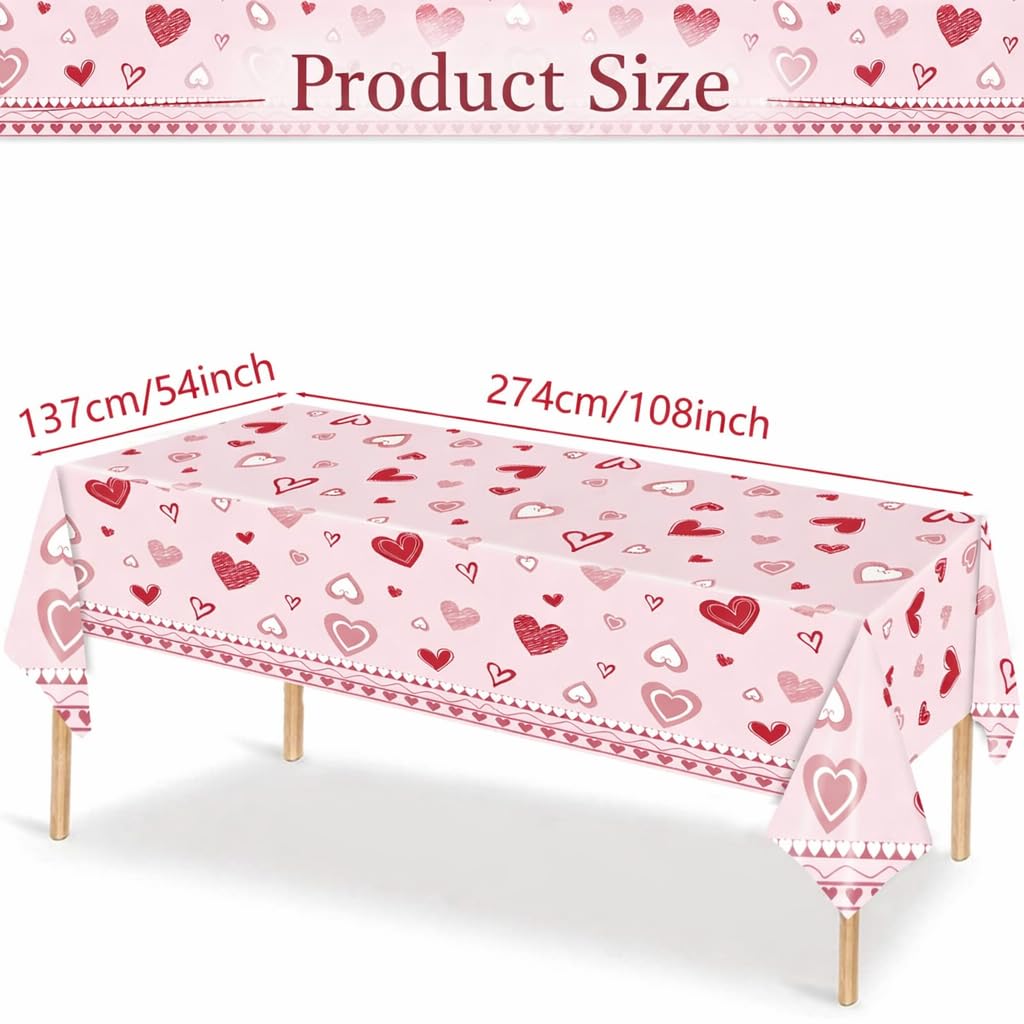 3 Pieces Valentine’s Day Hearts Plastic Tablecloth – 54x108 Inch Pink and Red Disposable Love Table Covers for