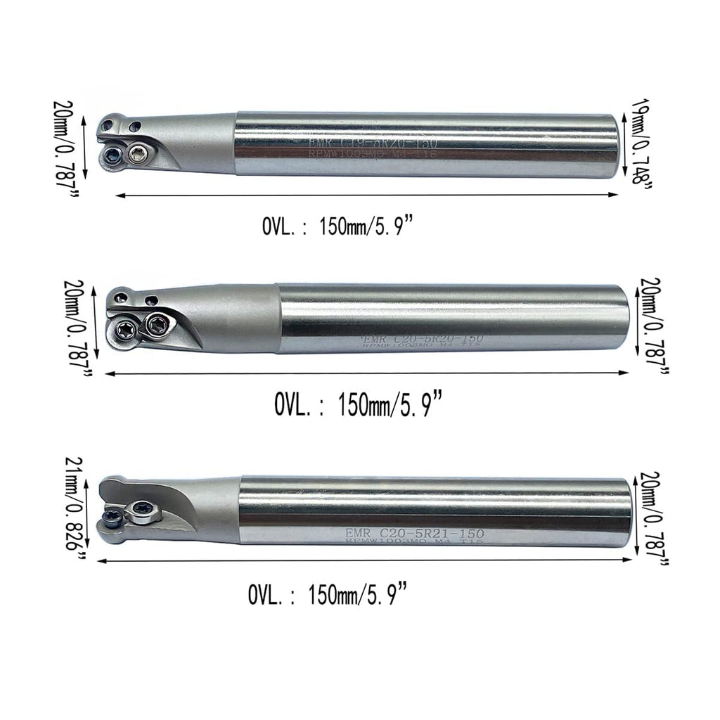 GBJ EMR R5 Round Nose Indexable End Mill Holder for RPMW10 Carbide Inserts Milling Cutter Arbor Holder milling Face milling Slotting (3pcs Sets of EMR C19/20/21-R5)