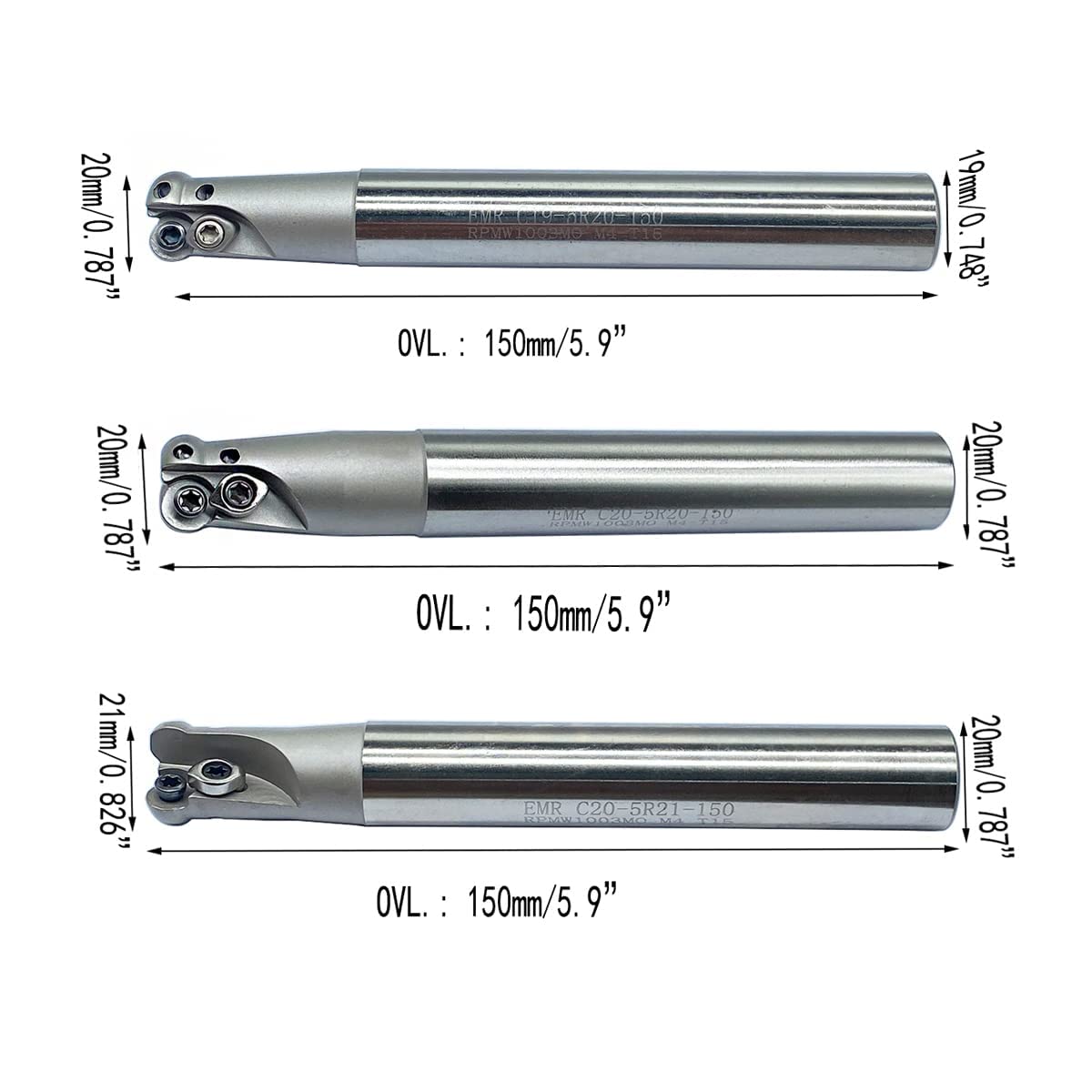 GBJ EMR R5 Round Nose Indexable End Mill Holder for RPMW10 Carbide Inserts Milling Cutter Arbor Holder milling Face milling Slotting (3pcs Sets of EMR C19/20/21-R5)
