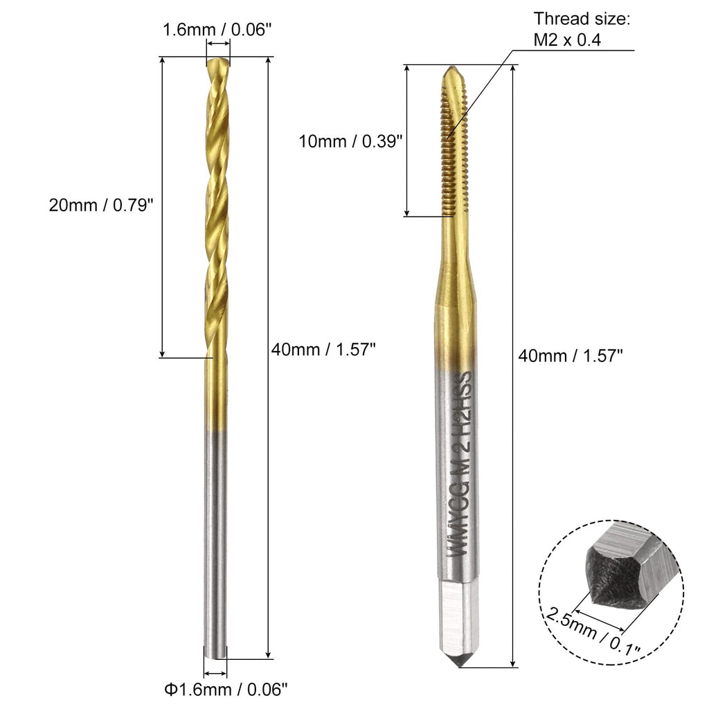 uxcell Metric Tap & Drill Bit Set, 2pcs M2 x 0.4 Spiral Point Thread Taps and 2pcs 1.6mm Twist Drill Bits, Titanium Coated HSS6542 Screw Tapping Threading Tools