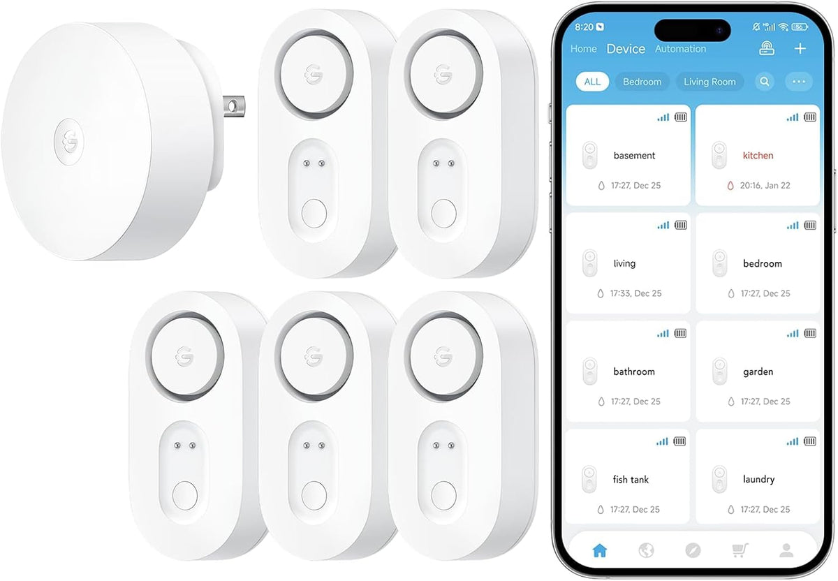 Upgraded Smart Water Leak Detector 1s with High Alarm, 5 Pack | 1804ft Ultra-Long Range, WiFi Water Sensor with