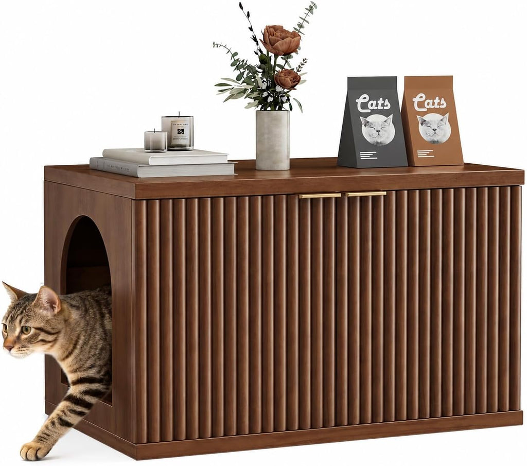 Cat Litter Box Enclosure,Modern Fluted Accent,Reddish Brown