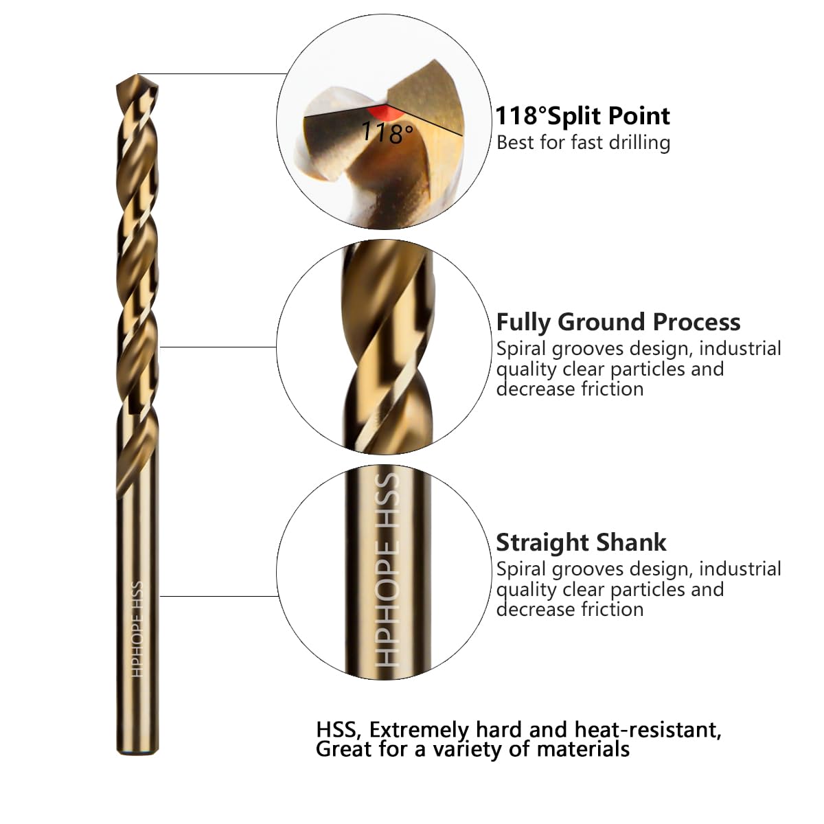3/8 Inch HSS Twist Drill Bits 5Pcs, HPHOPE 3/8" Jobber Drill Bits Set, Straight Round Shank, Suitable for Drilling in Hard Metal, Stainless Steel, Cast Iron