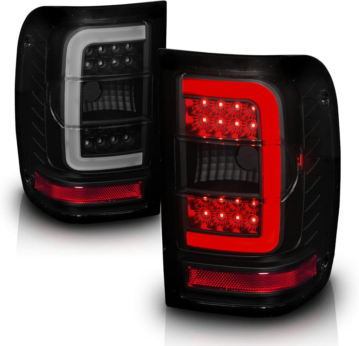 AmeriLite for 2001-2011 Ford Ranger C-Type LED Tube Dark Black Replacement Brake Tail Lights - Passenger and Driver Side
