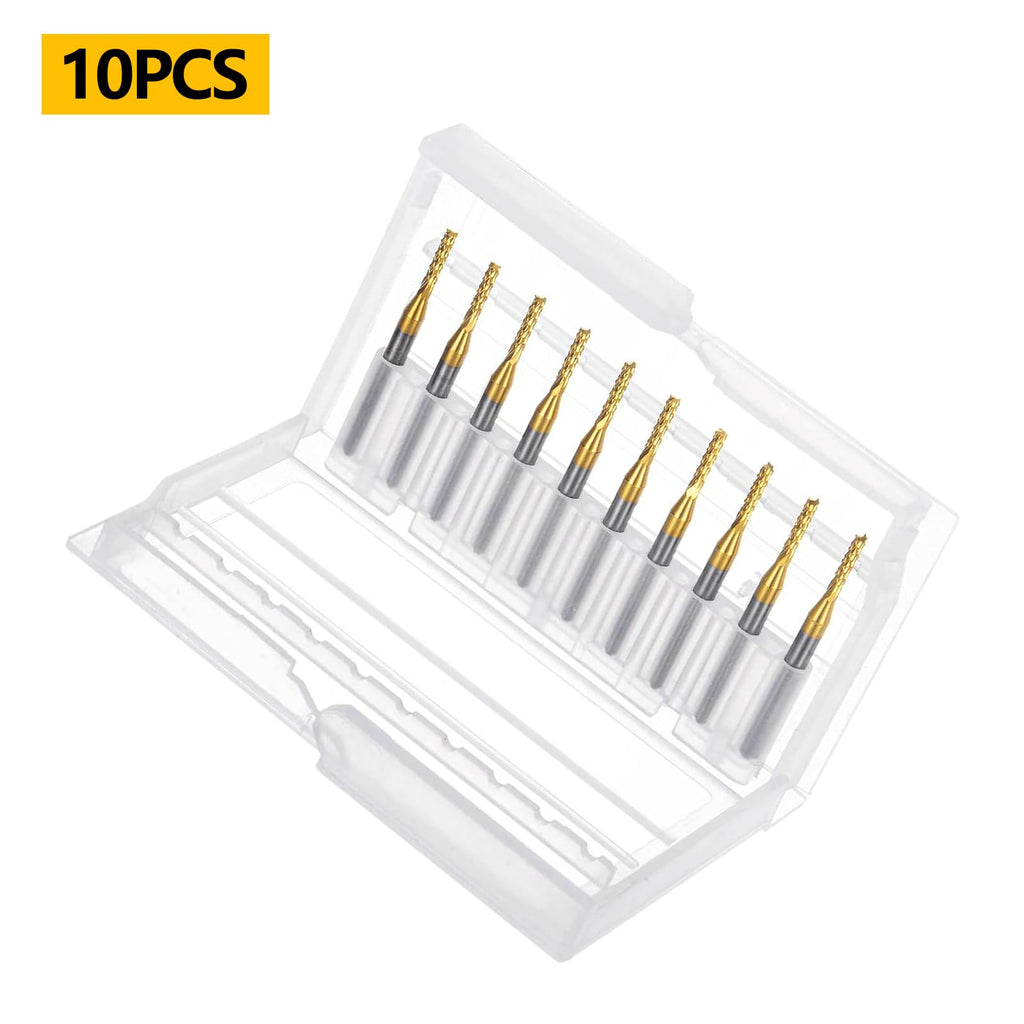 WEXWE Tools 10Pcs 1.2mm TiN Coating Solid Carbide End Mill Engraving Milling Cutter CNC Router Bits for PCB Machine, 1/8" Shank 1BOX