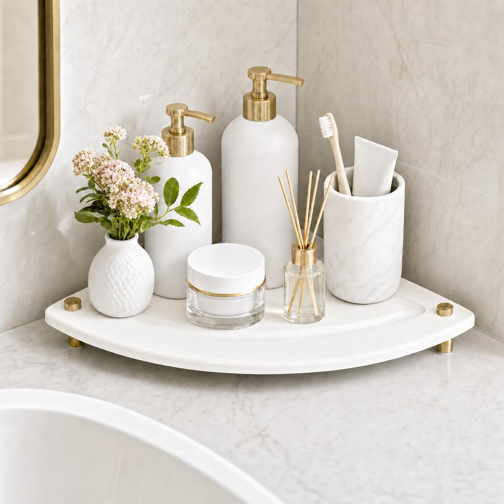 Corner Counter Shelf, Water Absorbing Stone Drying Tray Mat for Kitchen & Bathroom Sink, Diatomaceous Gold Faucet