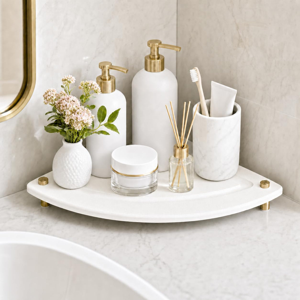 Corner Counter Shelf, Water Absorbing Stone Drying Tray Mat for Kitchen & Bathroom Sink, Diatomaceous Gold Faucet