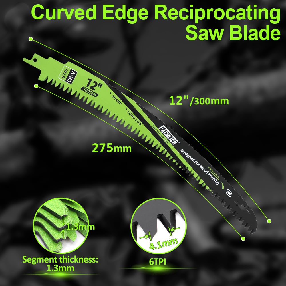 FACHLICH Japanese Teeth Reciprocating Saw Blade 12Inch - Saber Saw Blades Wood Pruning, 1pc Curved Edge 6TPI for Tree Trimming, Wood/PVC Pipe Cutting, Cr-V Sabre Blades