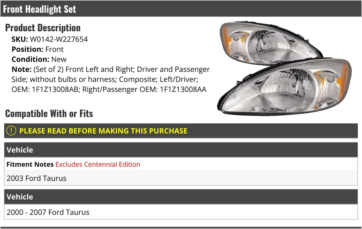 Front Headlight Assembly Set of 2 - Compatible with 2000-2007 Ford Taurus