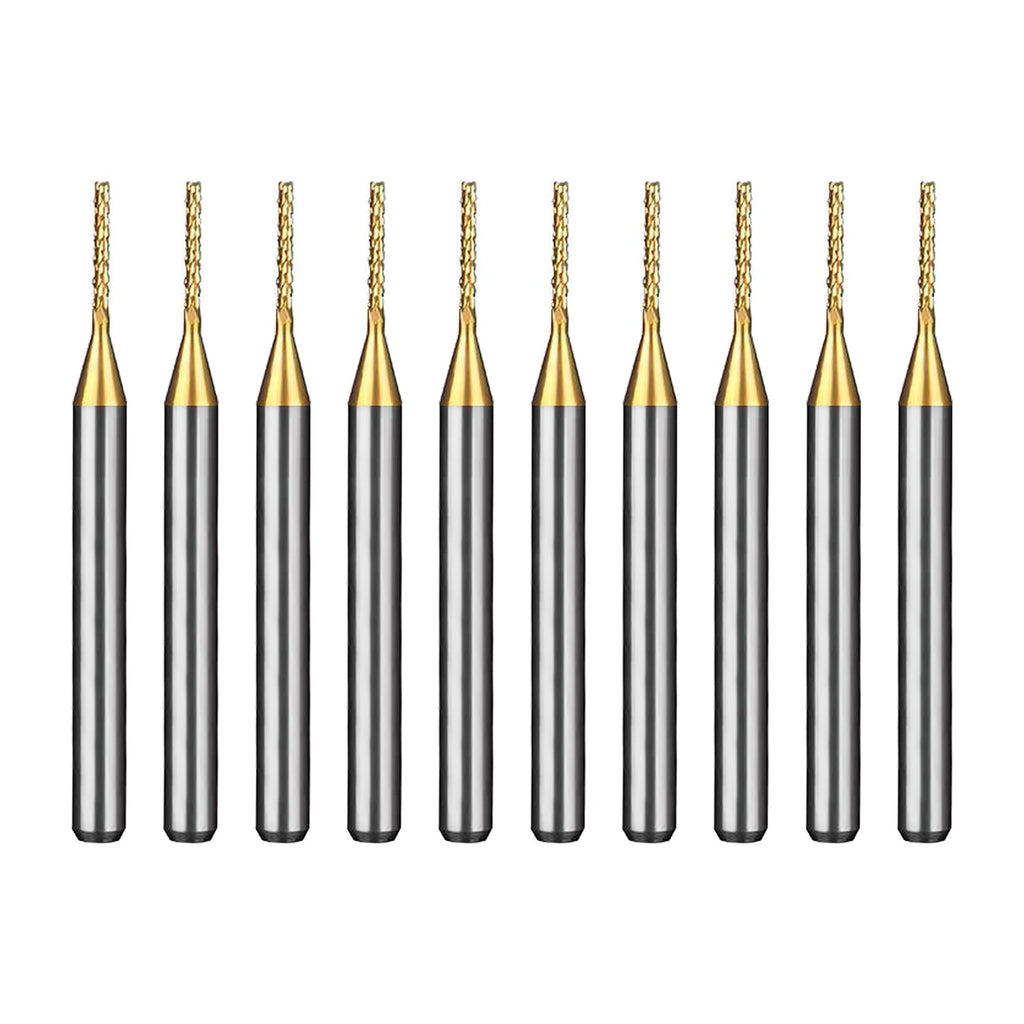 WEXWE Tools 10Pcs 0.9mm TiN Coating Solid Carbide End Mill Engraving Milling Cutter CNC Router Bits for PCB Machine, 1/8" Shank 1BOX