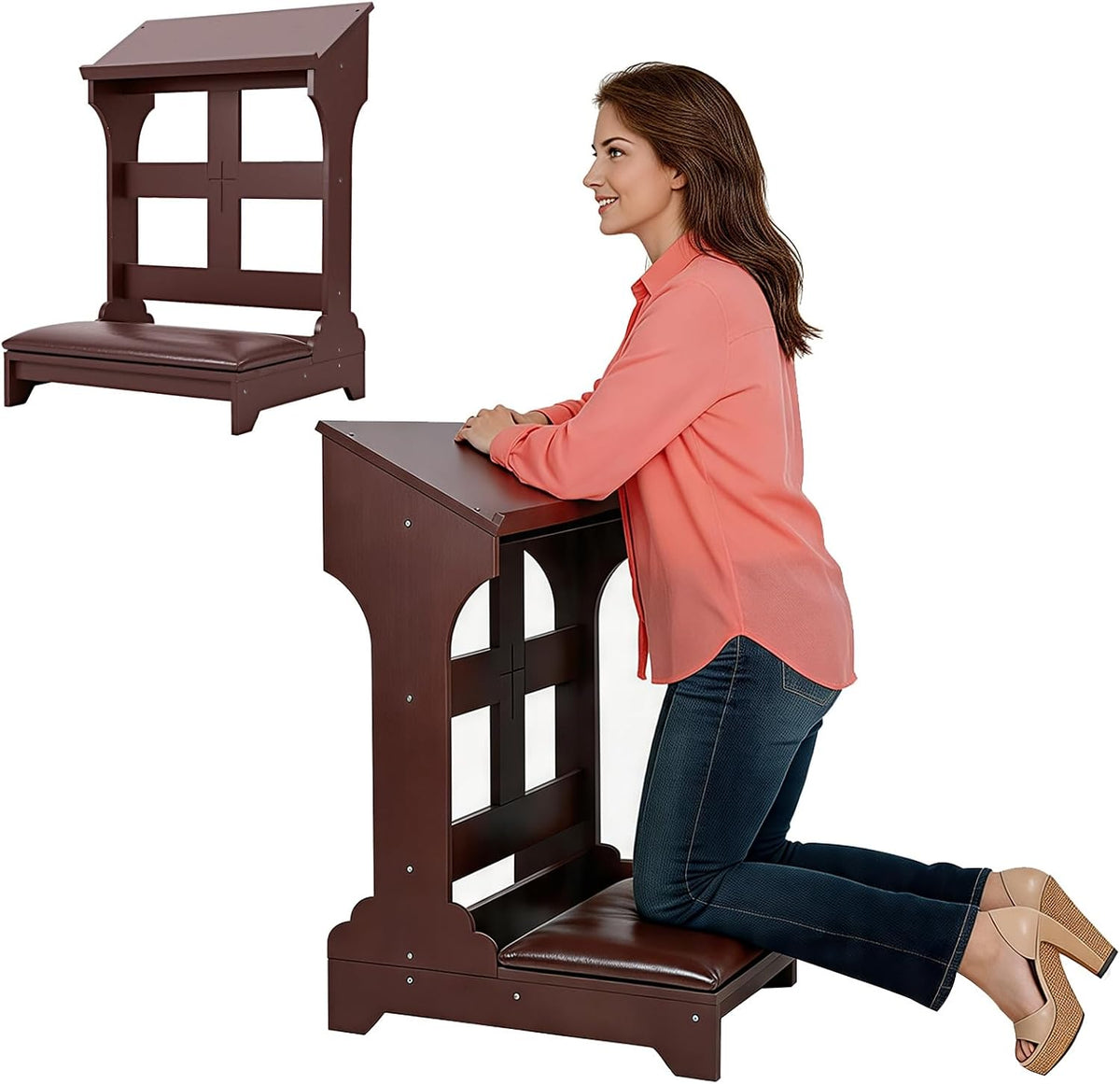 Prayer Bench Kneeler, Kneeling Stool, Wooden Kneeler Bench with Cushion, Church Kneelings Stand Stool, Padded Prayer