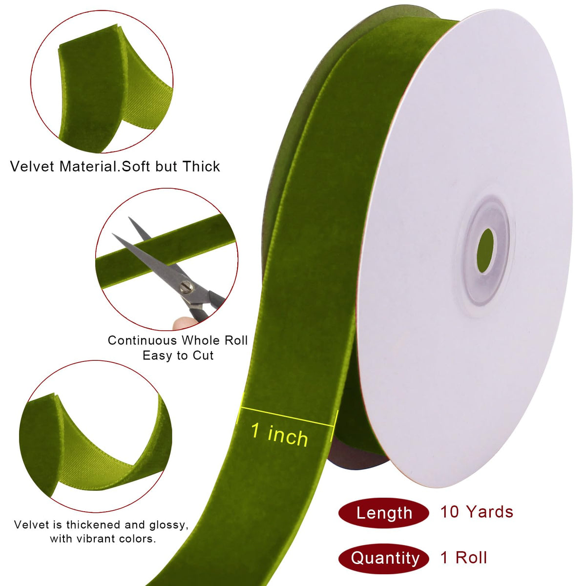 10 Yards Olive Green Velvet Ribbon for Christmas Tree, 1 Inch
