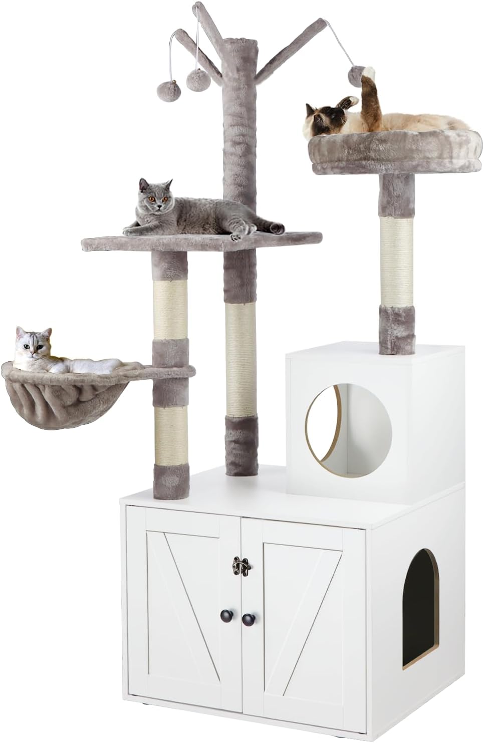 Cat Tree Tower with Litter Box Enclosure, 2-in-1 Wooden Cat Condo