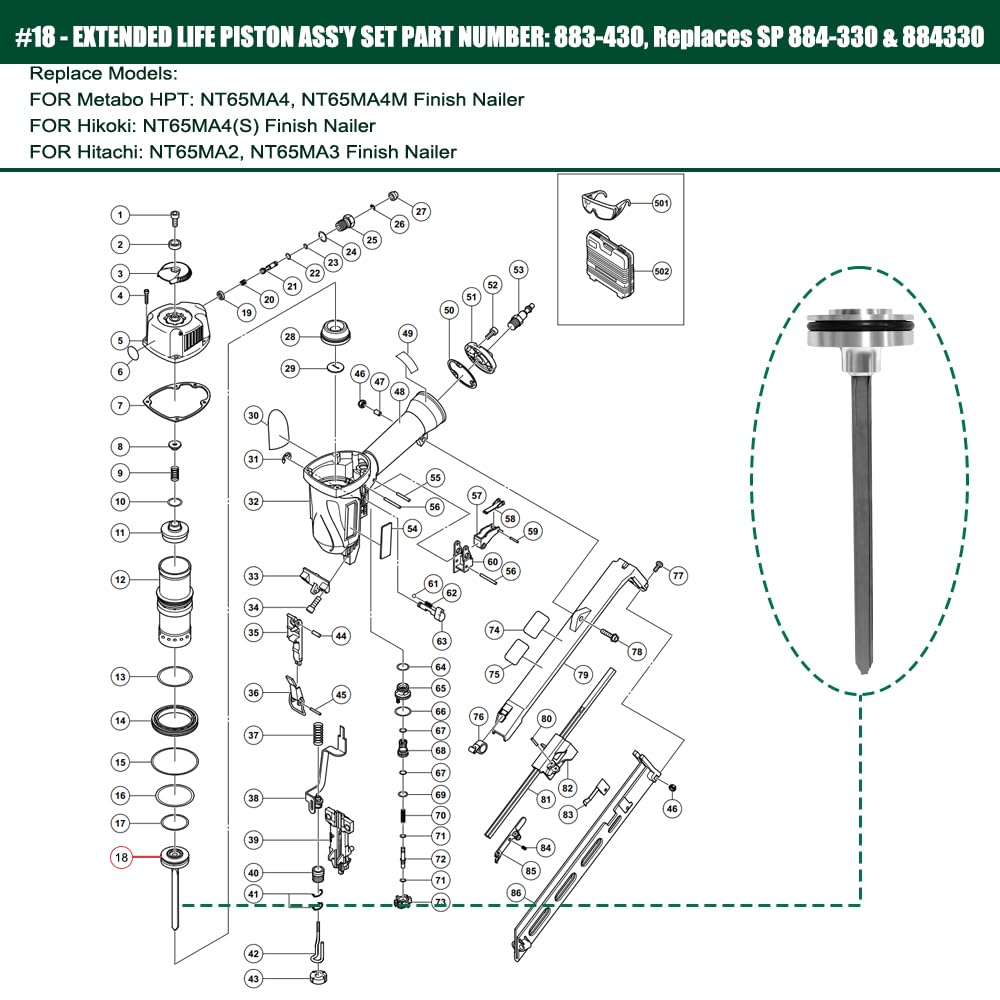 884-330 Aftermarket Piston Driver Assembly Compatible with Metabo NT65MA4, NT65MA2, NT65MA3 Finish Nailers - Durable Part