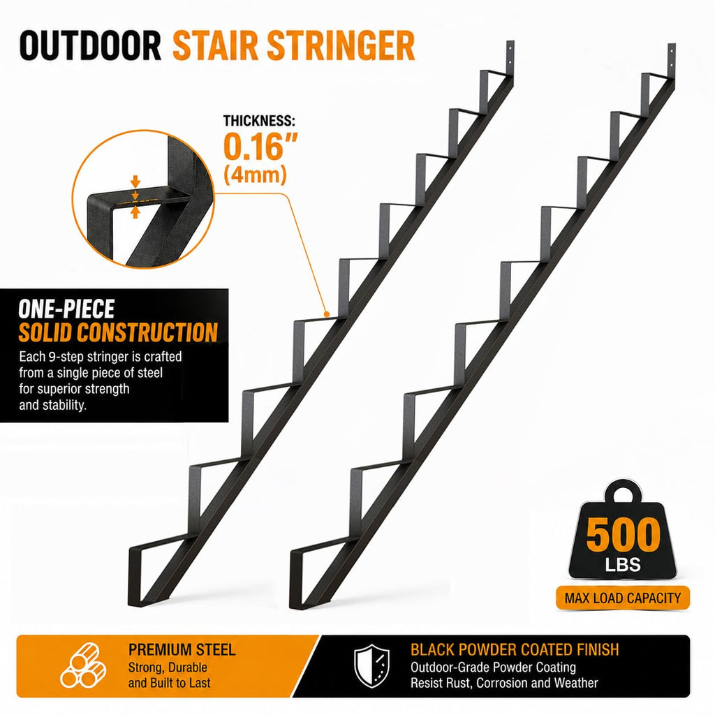 9-Step Outdoor Steel Stair Stringer for Deck Height 73in, 2 Pack