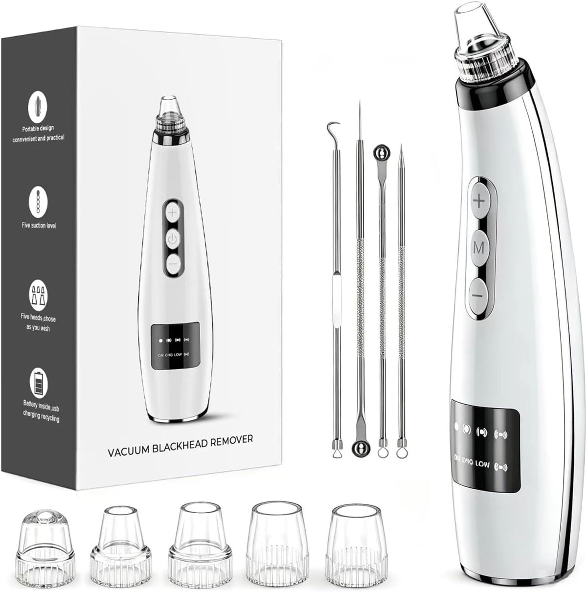 Blackhead Remover Vacuum, Facial Pore Extractor, 5 Suction Levels, 5 Probes