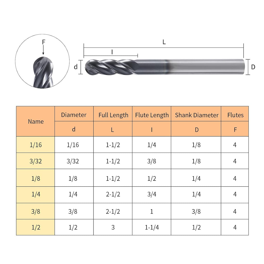 1/2" 4-Flute Ball Nose End Mill, AlTiN Coated Carbide 1Pcs