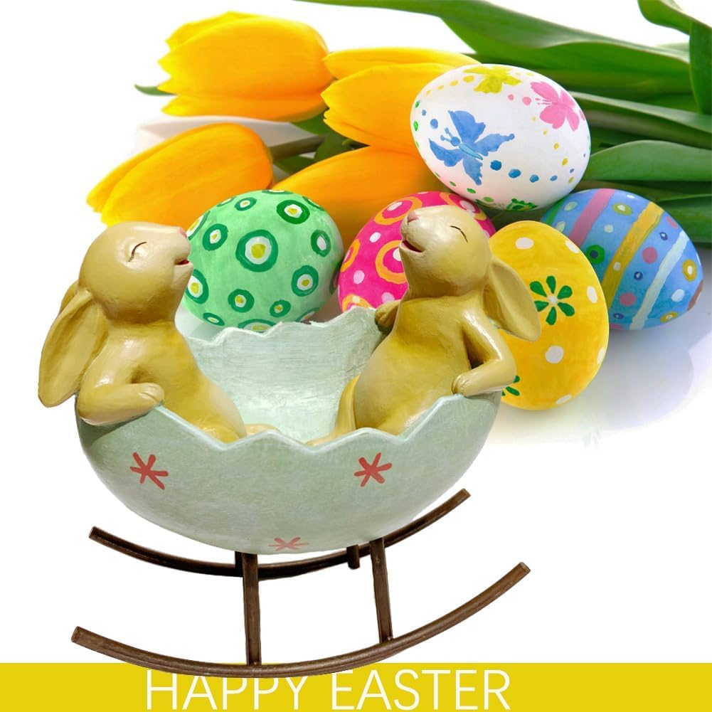 Laughing Bunny Rabbits Rocking in an Easter Egg Cradle Spring Easter Decoration Vintage Rustic Country Bunnies Rabbit