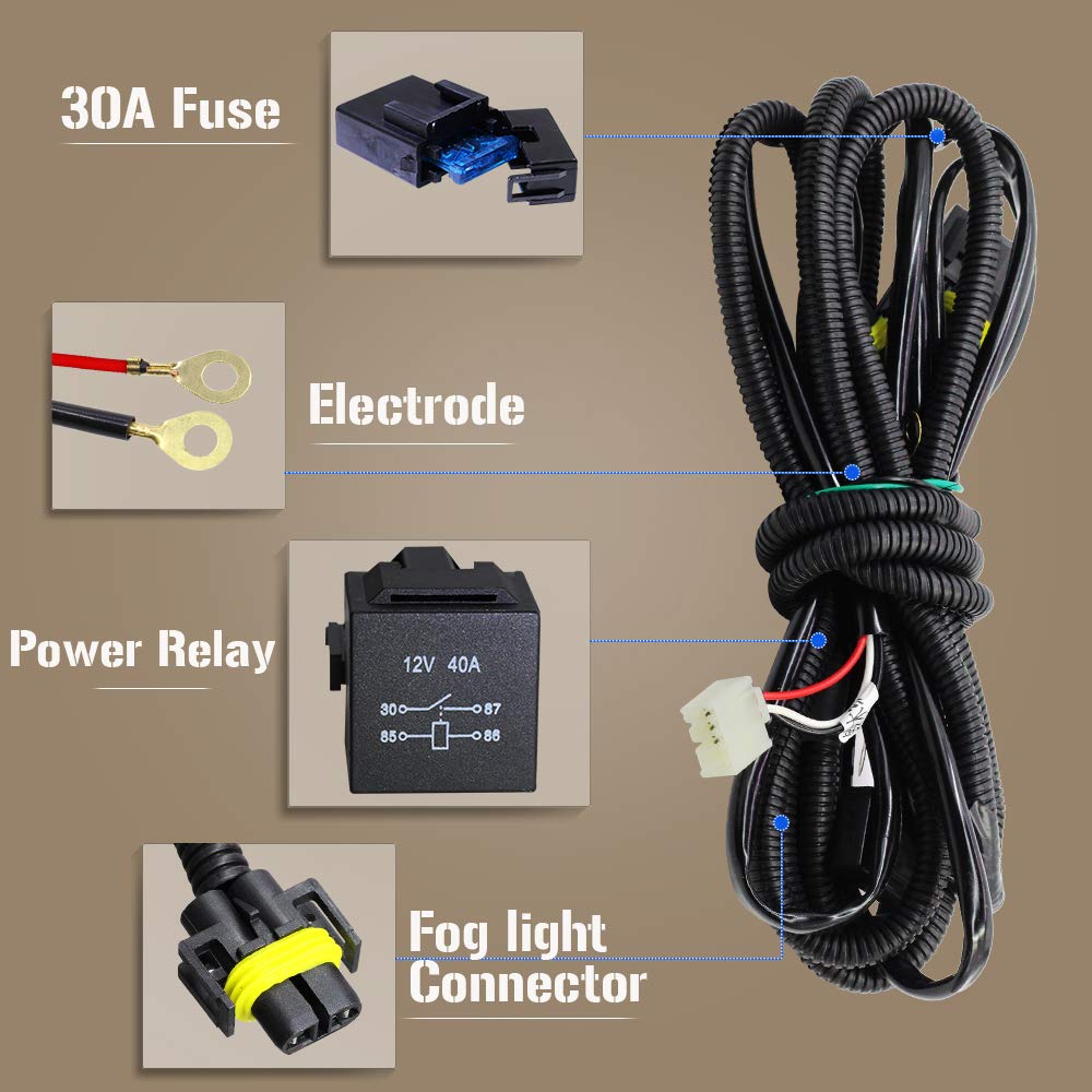 Fog Light Wiring Harness Kit for Honda Acura Nissan Ford Mitsubishi Subaru Jaguar Land Rover, H11 Wire Connector with Relay Blade Fuse On/Off Switch