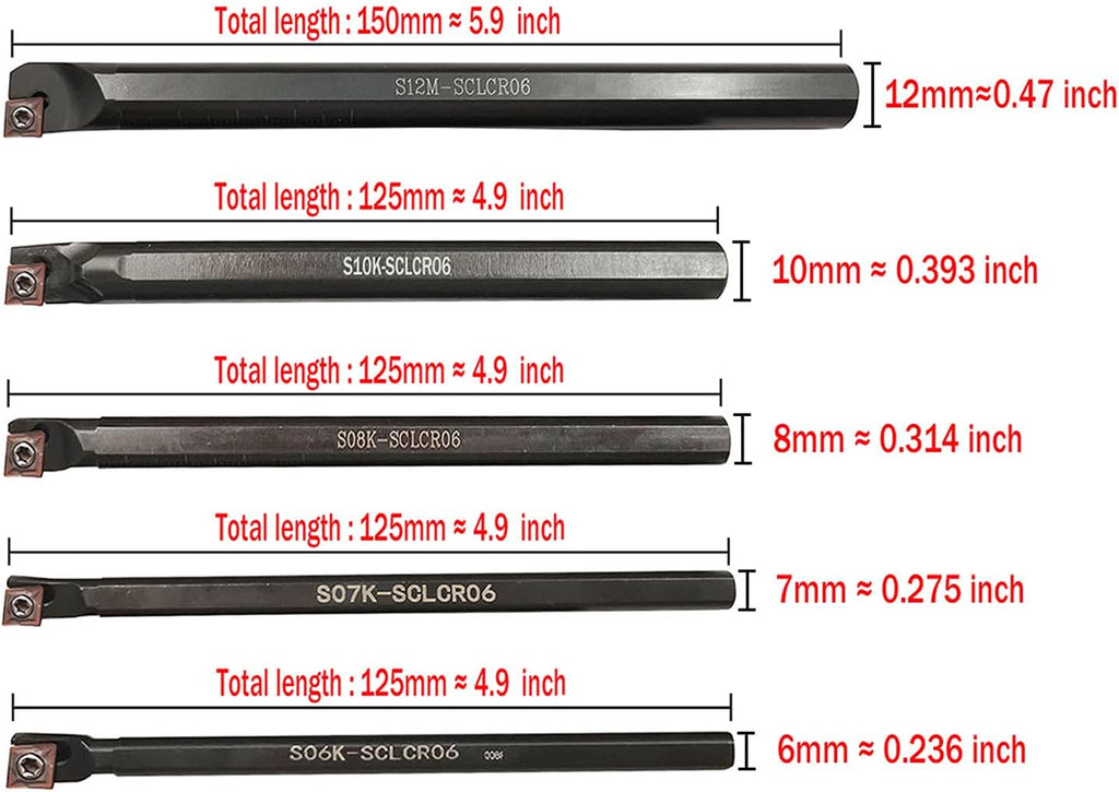 S06K/S07K/S08K/S10K/S12M-SCLCR06 Lathe Indexable Internal Boring Bar Set, Lathe Turning Tools Holder Set with CCMT21.51/CCMT060204 Carbide Indexable Boring Turning Inserts + 5pcs T8 Wrench