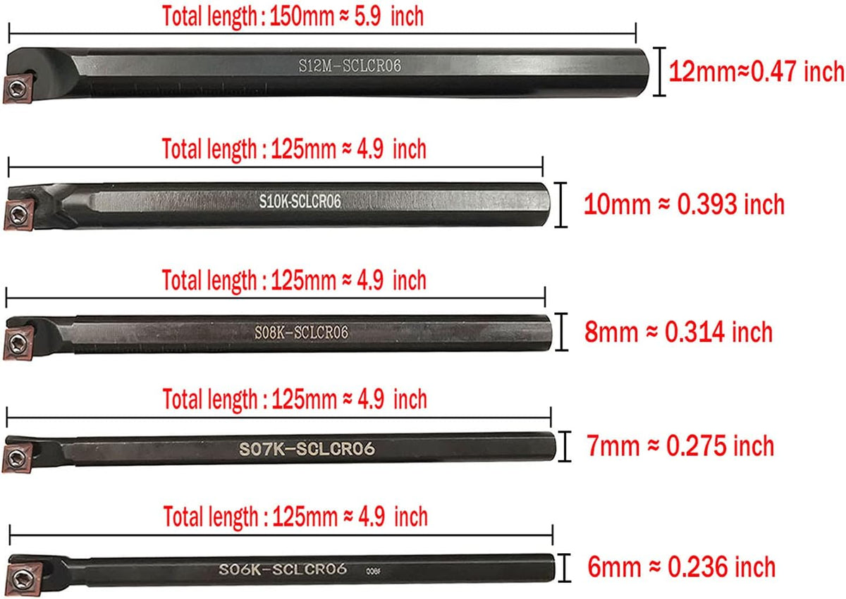 S06K/S07K/S08K/S10K/S12M-SCLCR06 Lathe Indexable Internal Boring Bar Set, Lathe Turning Tools Holder Set with CCMT21.51/CCMT060204 Carbide Indexable Boring Turning Inserts + 5pcs T8 Wrench