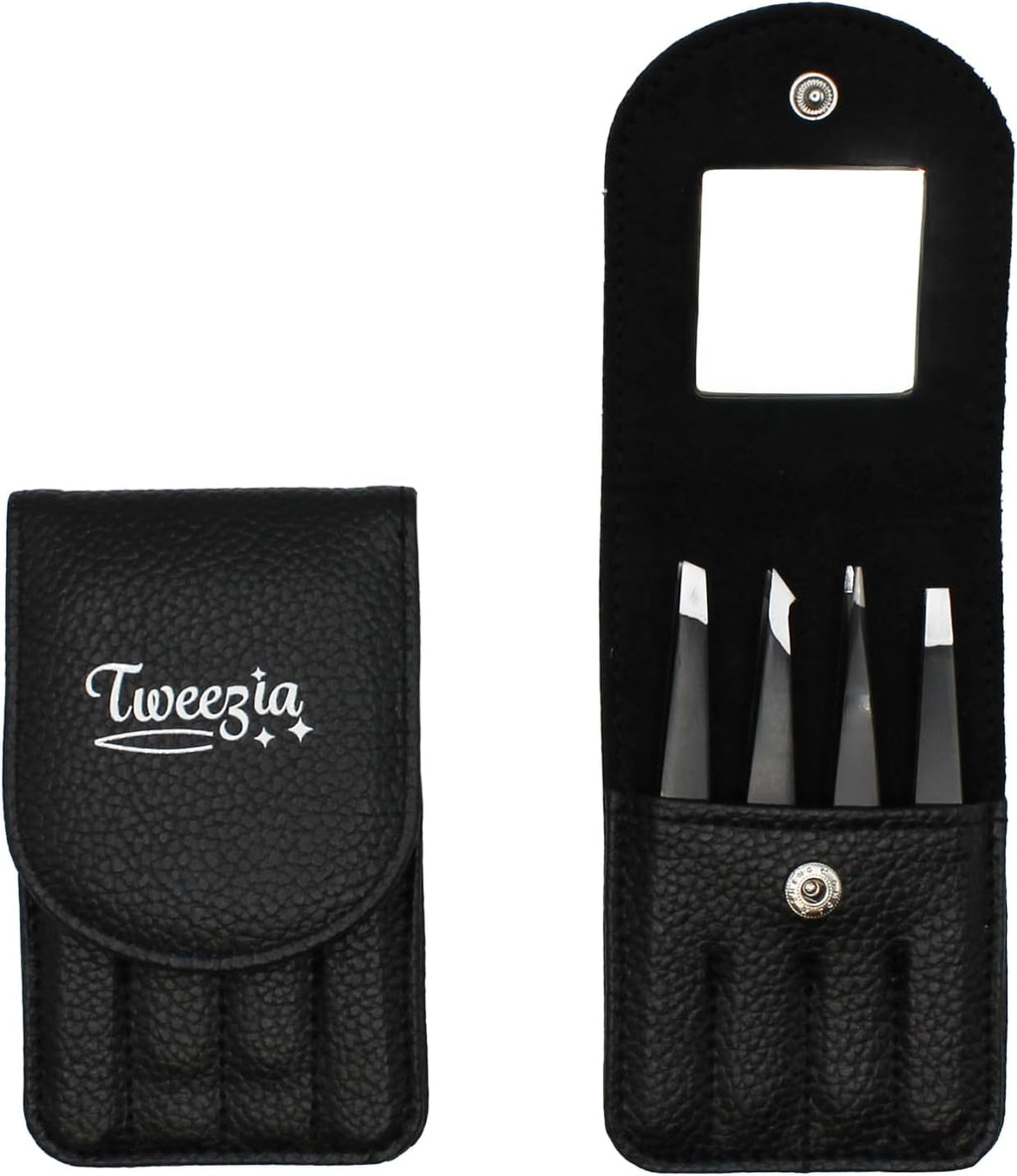 TWEEZIA Stainless Steel Precision Tweezers Set with Mirror Case, 4 Piece