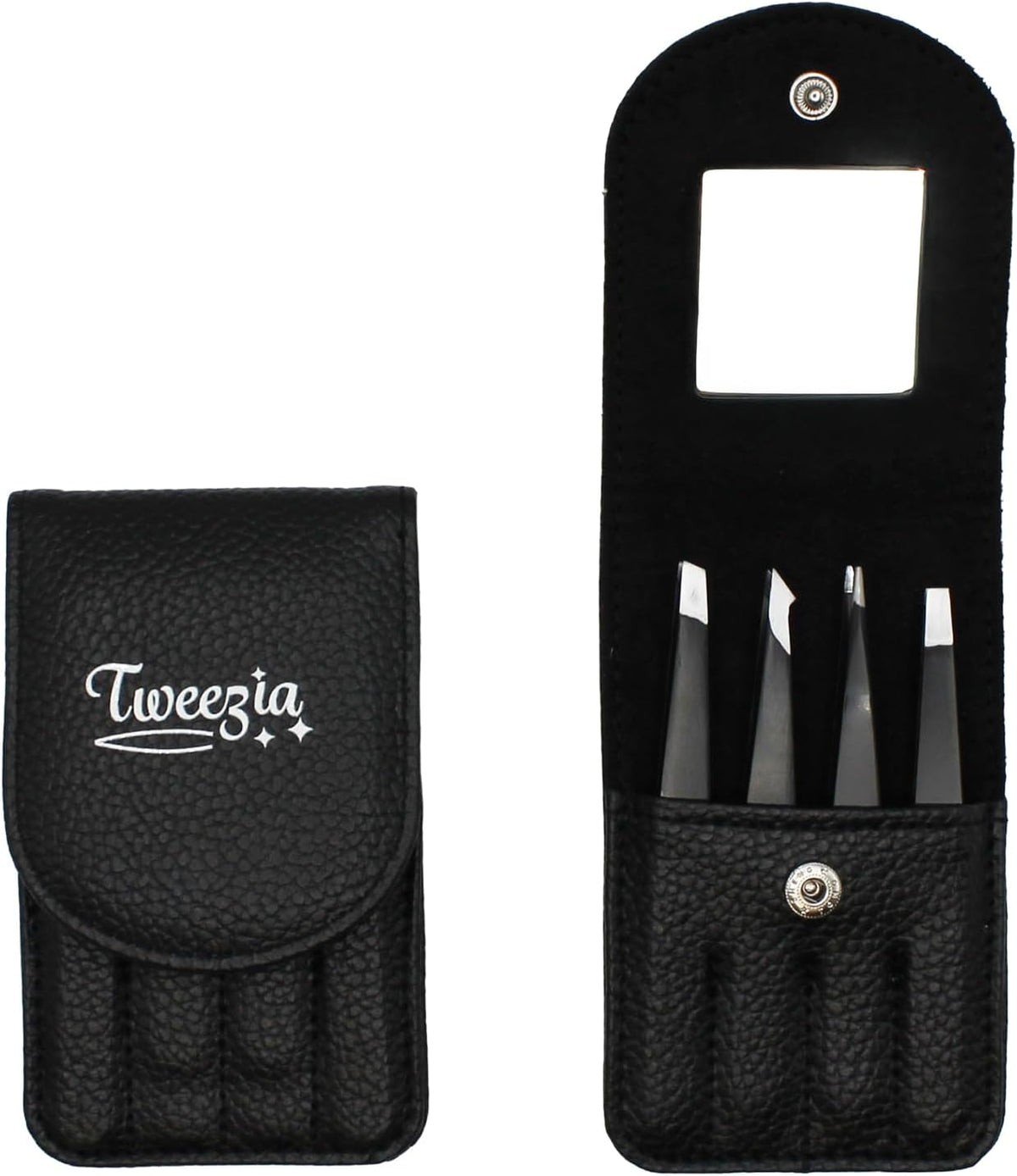 TWEEZIA Stainless Steel Precision Tweezers Set with Mirror Case, 4 Piece