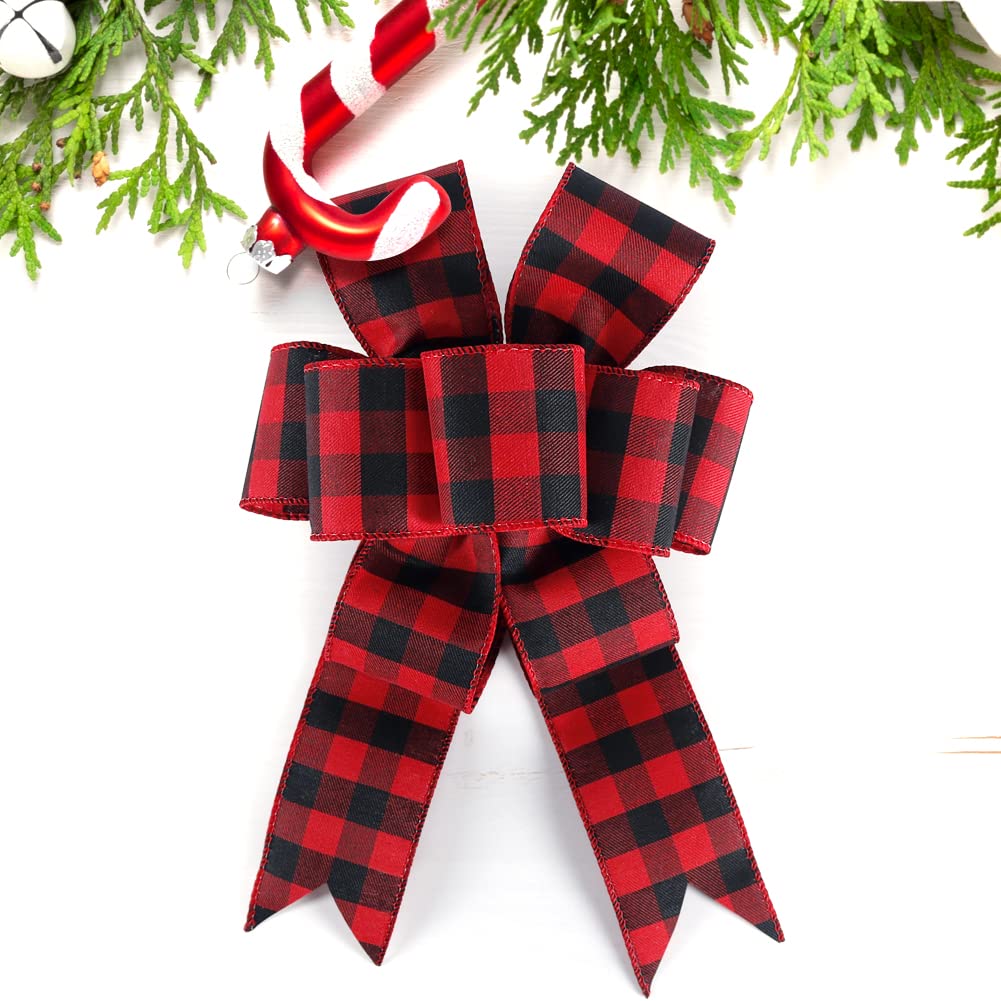 19.6 Yard 2.5 inch Wide Buffalo Plaid Ribbons Wired Edges, 2 Rolls Red and Black Checkered Ribbon for Christmas Tree