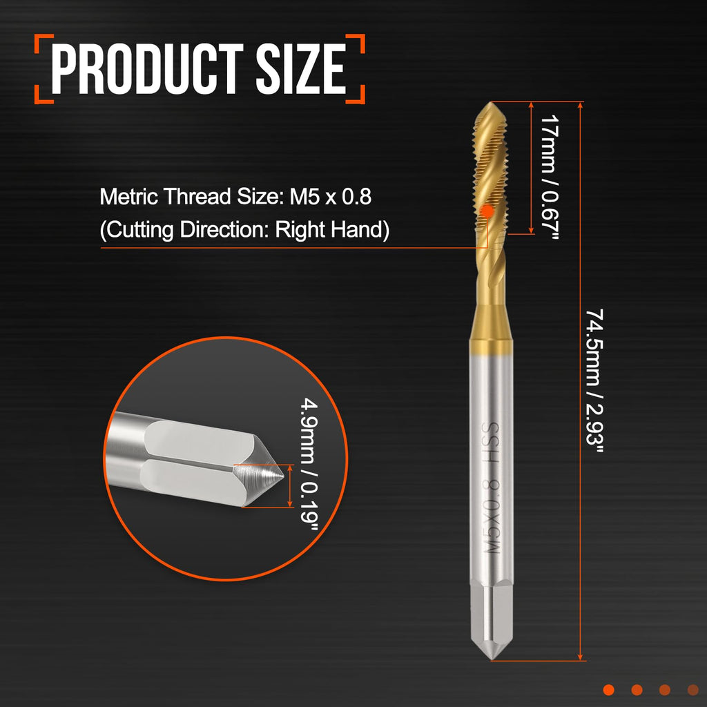 Workkyma M5 x 0.8 Spiral Flute Thread Tap M2 HSS Industrial Titanium