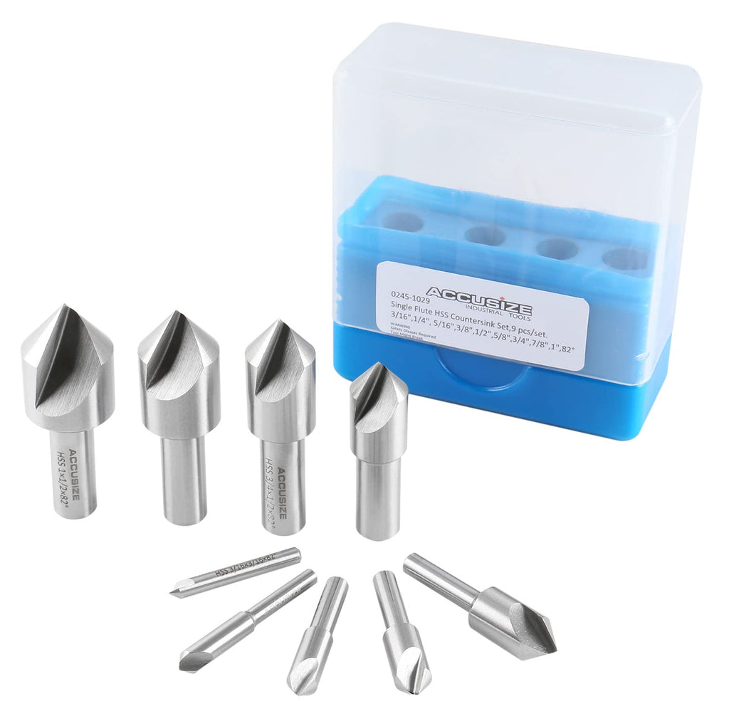 Accusize Industrial Tools 9 Pc Single Flute H.S.S. Countersink Set, 82 Degrees, Ground, 0245-1029