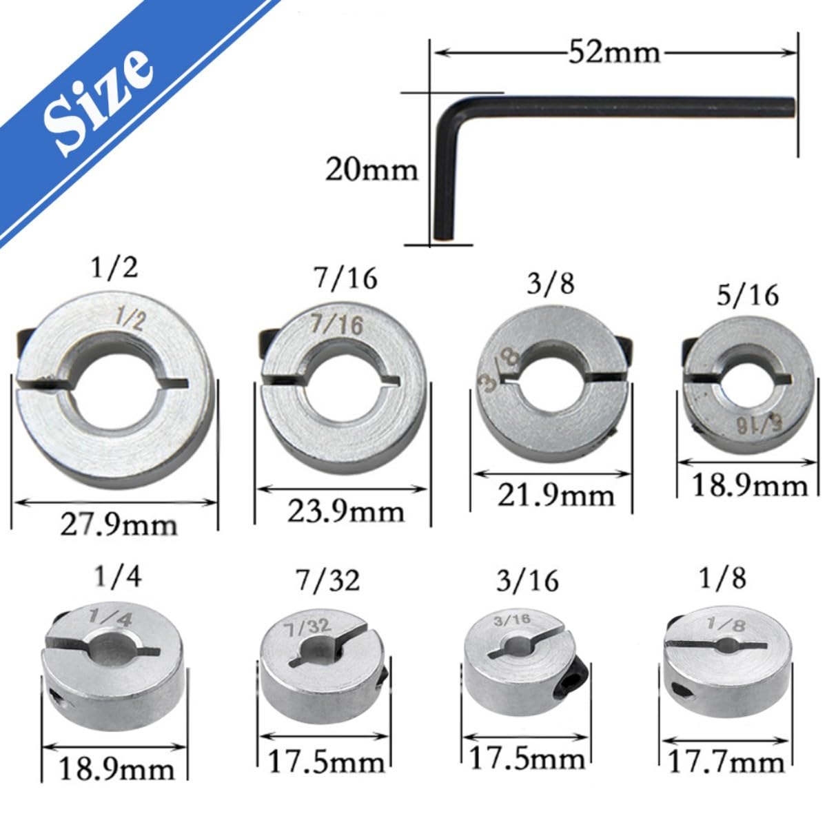Wolfride Drill Bit Stop Collar Set, Drill Bit Depth Stop Collar Set Split Ring Clamping Shaft Collars Drilling Limit Ring 1/2", 7/16", 3/8", 5/16", 1/4", 7/32", 3/16", 1/8"