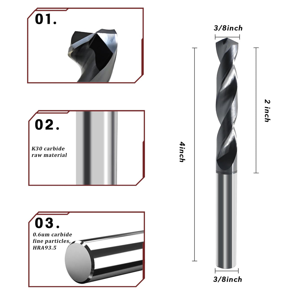 3/8 Tungsten Solid Carbide Drill Bit for Hardened Steel Stainless Steel Hot Working Steel Metal CNC Carbide Twist Drill Bits 135° Point Angle