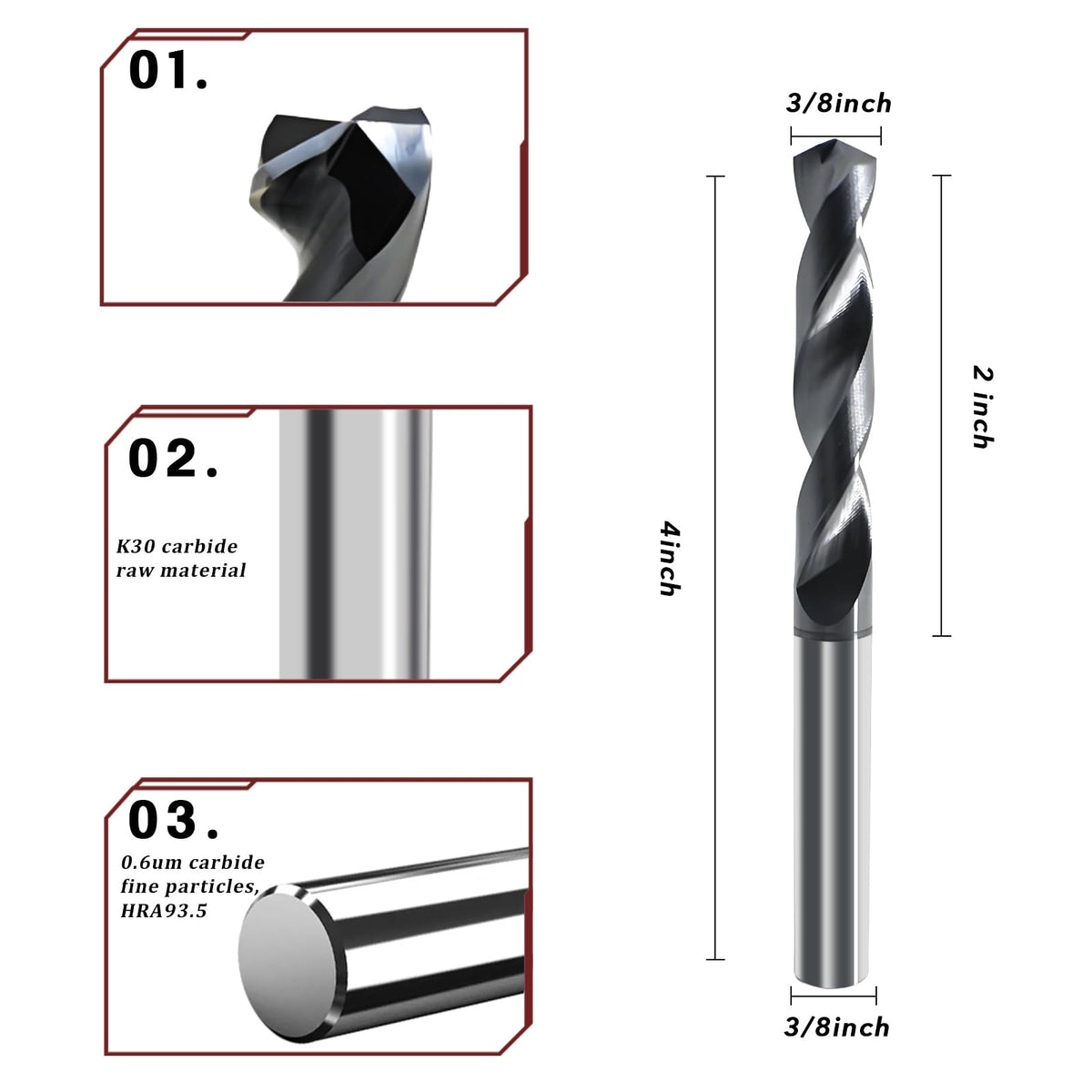 3/8 Tungsten Solid Carbide Drill Bit for Hardened Steel Stainless Steel Hot Working Steel Metal CNC Carbide Twist Drill Bits 135° Point Angle