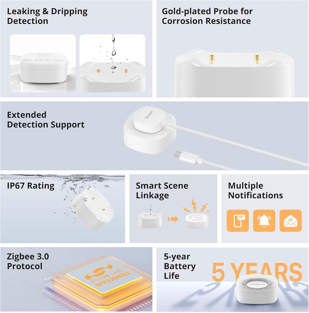 SNZB-05P Zigbee Water Leak Sensor with Detection Cable for Alarm System and Smart Home Automation, Wireless Mini