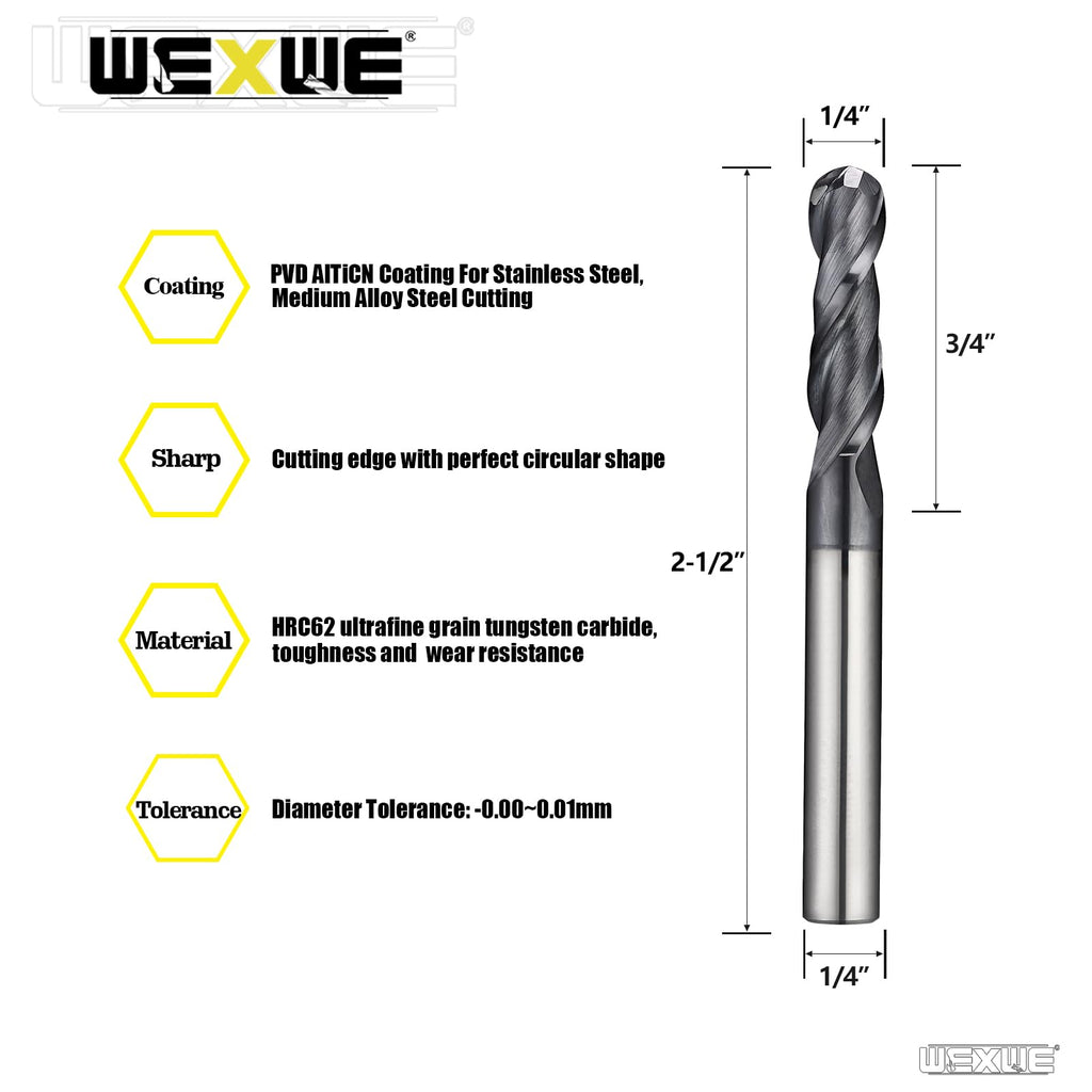 WEXWE Tools Extra Long Ball Nose Carbide End Mill, TiAlCN Coating CNC Cutting Tools for Stainless and Hardened Steel, Medium Alloy Steel, 2 Flute,5/16" Shank Lengthen Size (EXL（ .312） 5/16-3", 2pcs)
