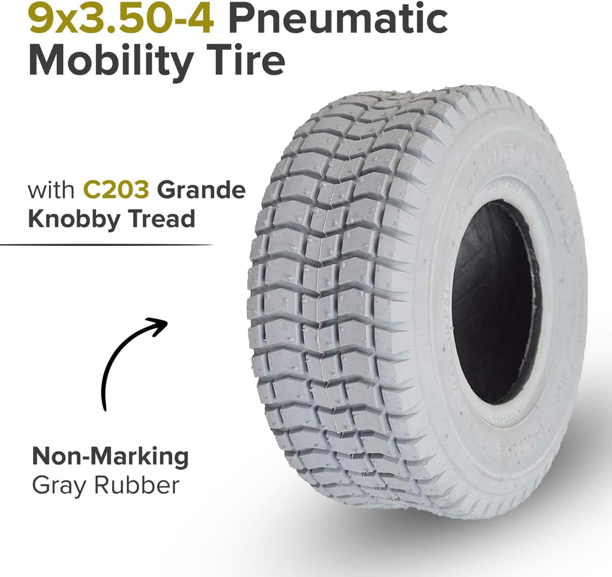 AlveyTech 9x3.50-4 Pneumatic Mobility Tire with Grande Knobby C203 Tread - Replacement Power Chair and Scooter Tires for Hoveround MPV 4/5, Ranger Solo, Shoprider Streamer, and Heartway (TAGRP265076)