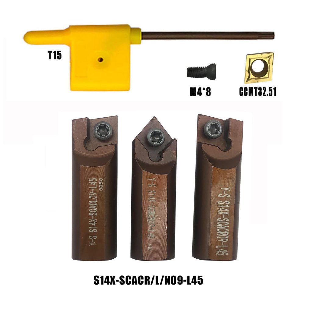 3pcs Metal Lather Turning Tool Holder Spring Steel Boring bar with CCMT32.51 CCMT09T304 Carbide Turning Inserts for Excavator and Boring Machine (S14X-SCACR/L/N09-L45+CCMT09T304)