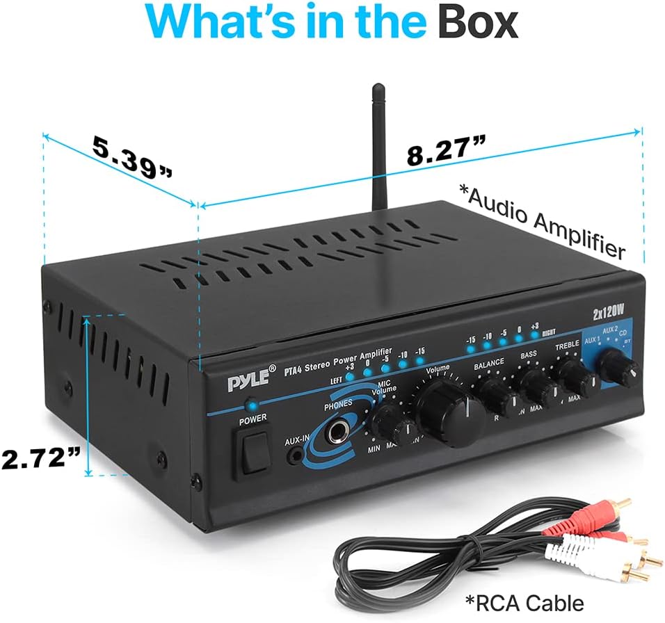Home Audio Power Amplifier System - 2X120W Mini Dual Channel Mixer Sound Stereo Receiver Box w/ RCA, AUX, Mic Input