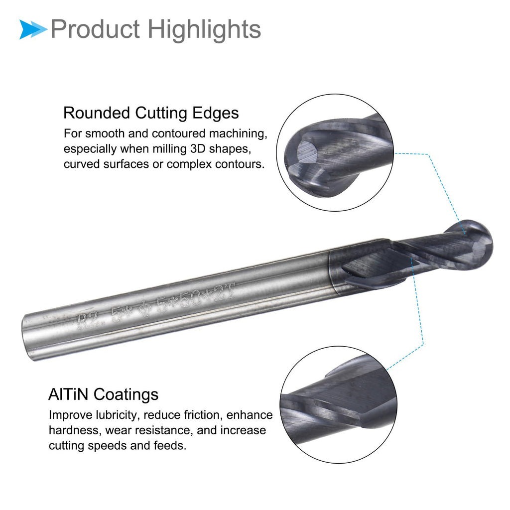 CoCud Ball Nose End Mill, 2.5mm Radius 5mm Shank 50mm Length, AlTiN Coated P05 Carbide 2 Flutes Milling Cutter CNC Router Bit - (Applications: for Stainless Steel Hardened Steel)