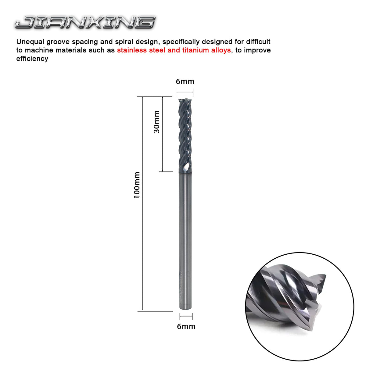 JIANXING 6mm Extra Long 4-Flute Carbide Square End Mill, 100mm OAL, 1 Pc