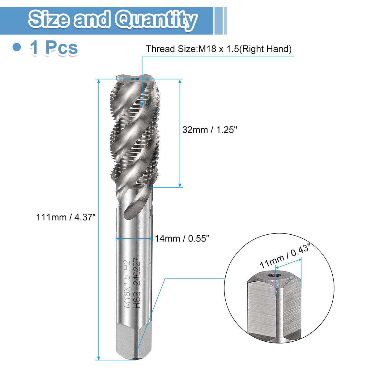 uxcell Spiral Flute Thread Taps M18 x 1.5 H2 Metric Machine Threading Tap Bit, Uncoated Screw Tapping Repair Tool, M2 High-Speed Steel (HSS)