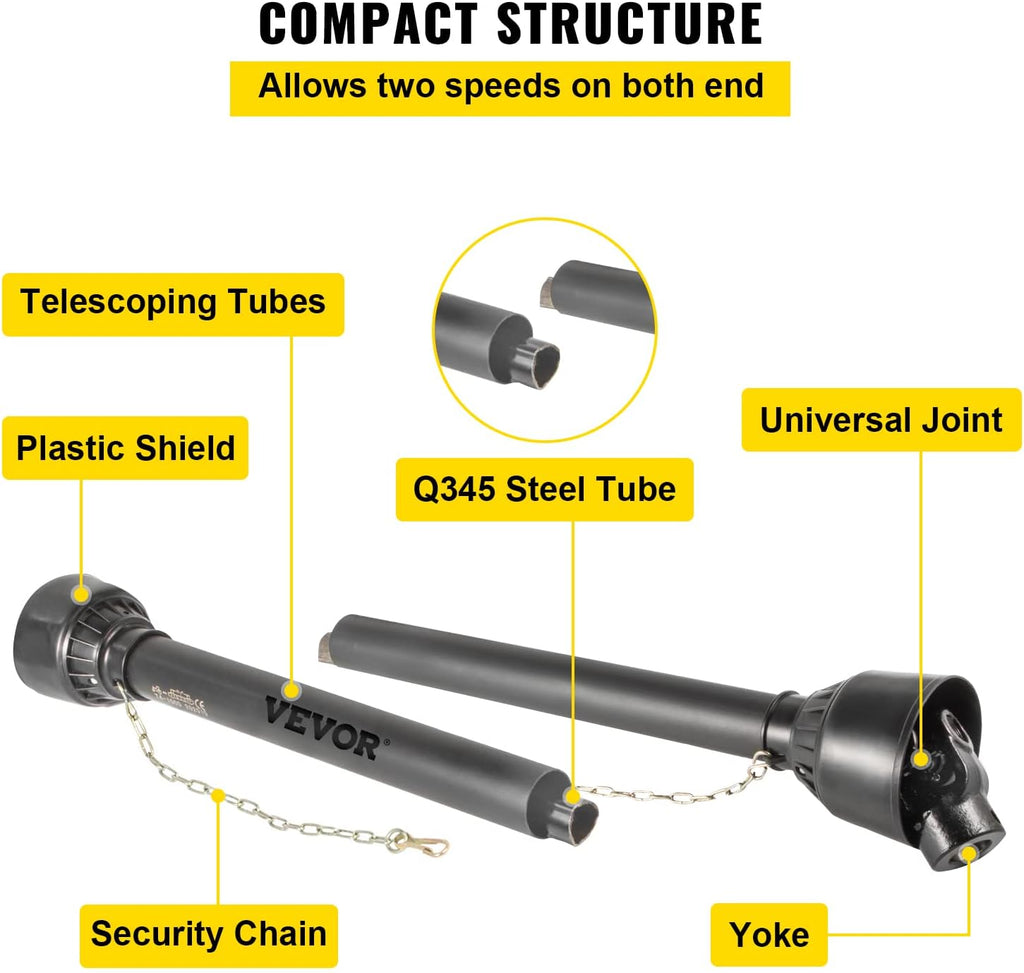 PTO Shaft, 1-3/8" PTO Drive Shaft, 6 Spline Tractor End and Round Implement End PTO Driveline Shaft, Tractor PTO