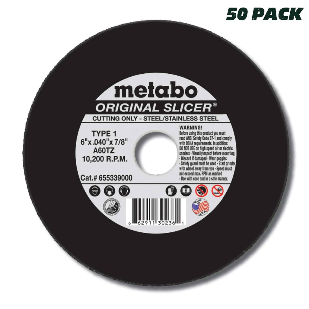 Metabo 655339000 50-Pack | 6-inch Original Slicer Cutting Wheel | Type 1 | 6" x .040" x 7/8" | A60TZ | Aluminum Oxide | Very Fast & Flexible | Steel, Stainless Steel