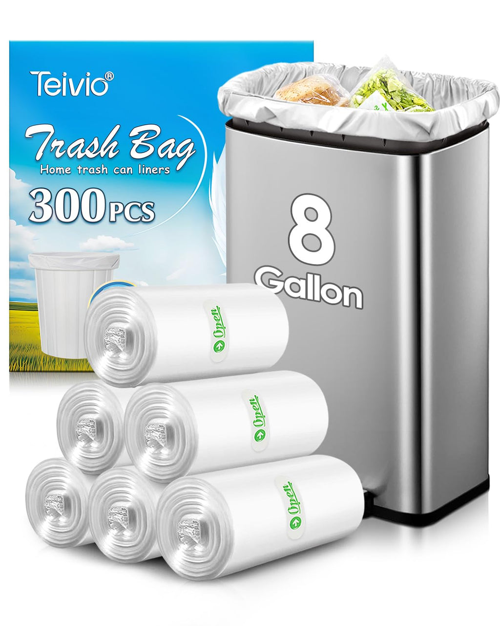 Medium Clear Trash Bags 8 Gallon 300 Count Kitchen Garbage Bags