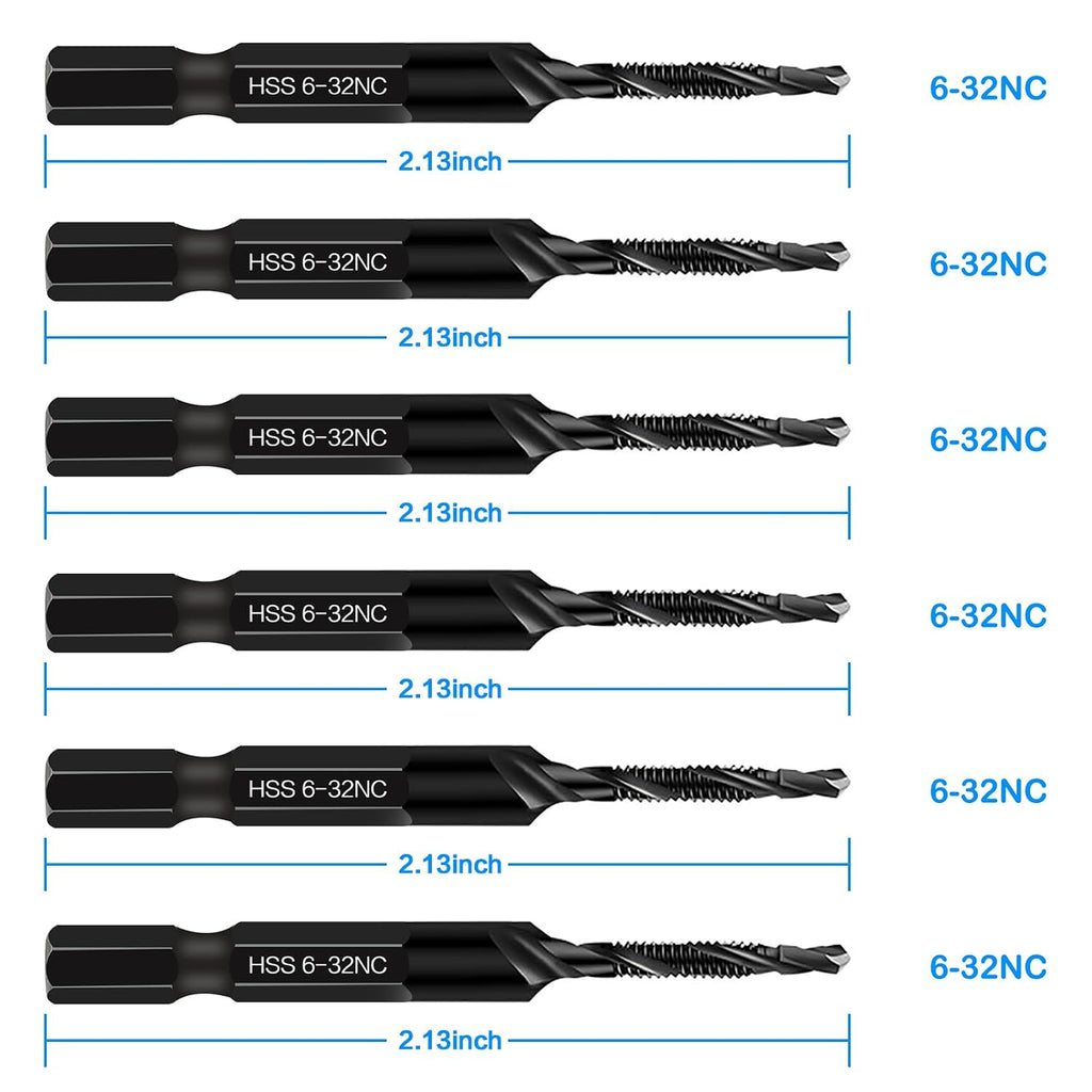 6-Piece 6-32NC Combination Drill Tap Countersink Bit Set SAE, Made of High-Speed Steel with Anti-Rust Blackened Coating, Ideal for Soft Metal, Wood & Plastic, 6-32NC Thread Size, 1/4” Hex Shank