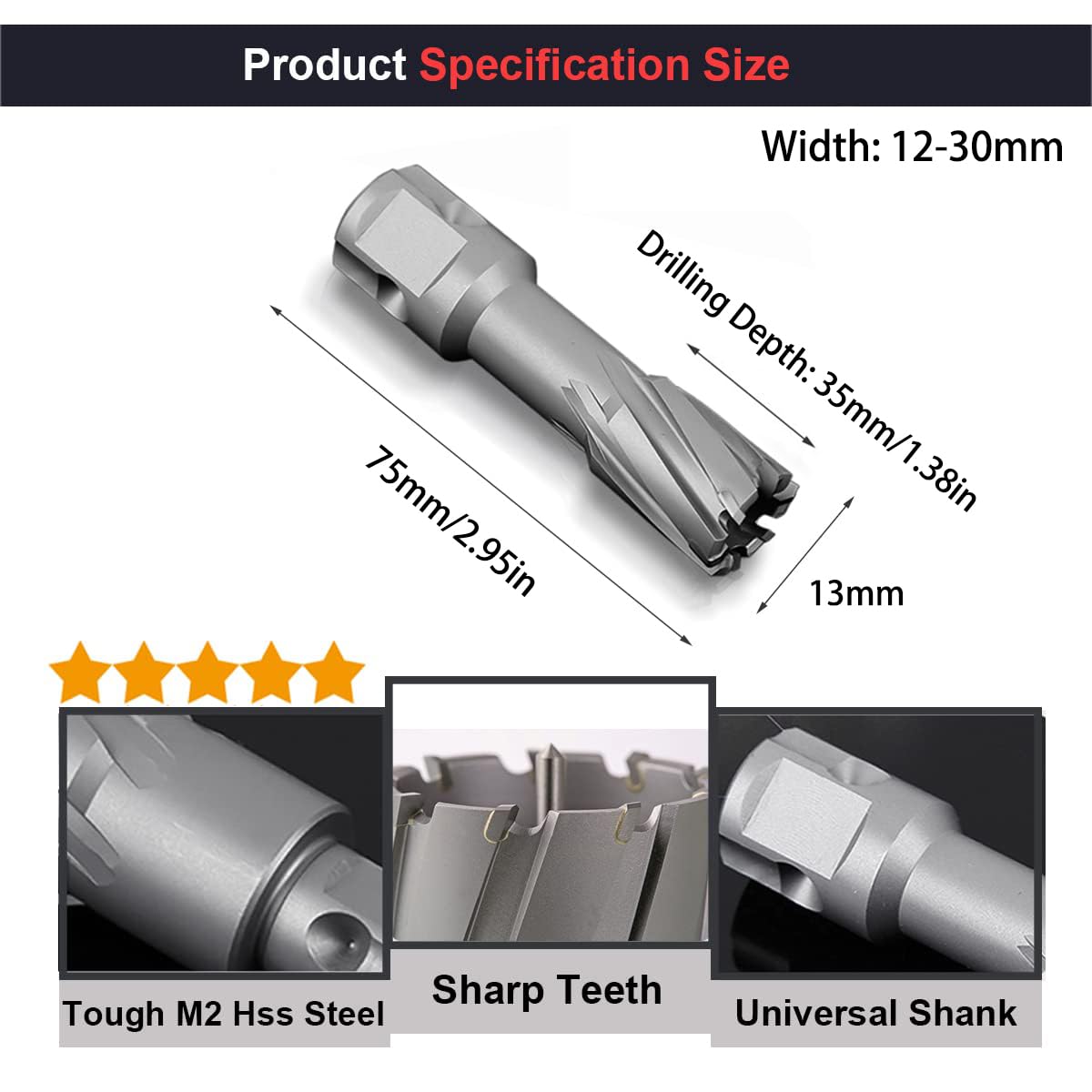 SagaSave 12-35MM Cut Cyclone High Speed Steel Annular Cutter for Metal, Stainless Steel 13-MM Diameter x 35-MM Depth