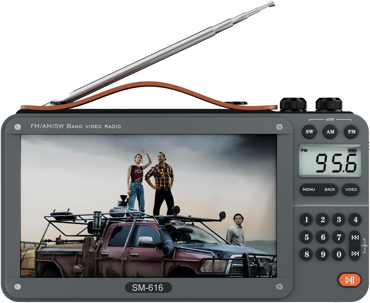 720P 7Inch Screen AM FM Movie Video Radio with Bluetooth Speaker, Rechargeable Digital Shortwave MP3 MP4 Player
